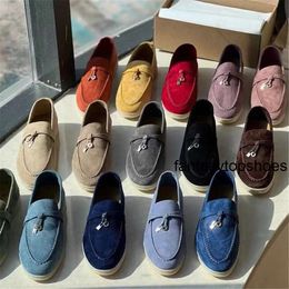 Loro Pianaa Piano Suede Leather Shoes Charms Embellished Walk Beige Genuine LP Loafers Casual Slip Flats Women Luxury Designers Flat Dress Shoe Factory Footw L20b