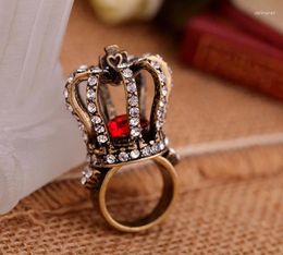 Cluster Rings Vintage Red Imitation Gemstone Crystal Crown For Women Antique Gold Colour Finger Ring Jewellery