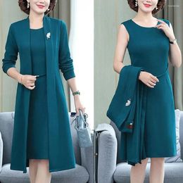 Work Dresses Elegant Women Outfit Tank Dress Coat Suit Spring Fall Solid Color Middle-age Ladies Long Cardigan Cape Set Mom