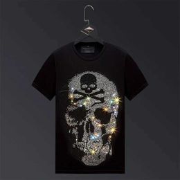 Men's T-Shirts Plus Size 2024 Fashion Rhinestone Skull T-shirt Mens Summer Street Clothing Short sleeved Mens O-neck Ultra Thin T-shirt Calaveras Camiseta J240326