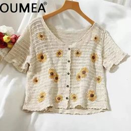 OUMEA Women Knitting Crochet Cardigans Daisy Floral Embroidery Short Sleeve Elegant V Neck Cotton Tops Buttons Front 240327