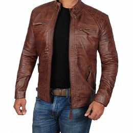 new Fi Men'S Autumn And Winter Warm Brown Leather Jacket Zipper Lg Sleeve Windproof Retro Jacket Coat Top Men'S Jacket y3fd#