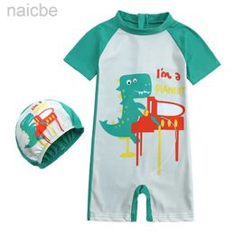 One-Pieces Kids Swimsuit Boy 1-8 Years One-Piece Bodysuit Swimwear Long Sleeve Cartoon Beach Clothing and Hat Childrens Swimsuit 24327