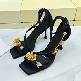 New Elegant Exquisite High Heel Sandals Summer Satin Material Appear Whitening Round Toe Women's Pumps Full Of Charm Flower Decor One Strap Upper Female Sandals