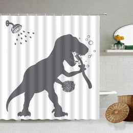 Curtains Funny Bathing Dinosaur Shower Curtains Grey Silhouette Wild Animal White Children Bathroom Decor Polyester Fabric Bath Curtain