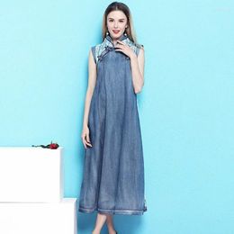 Casual Dresses Summer Chinese Style Cheongsam Cotton Denim Fashion Flower Embroidery Loose Fit Female Party Dress Quality
