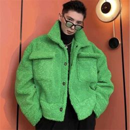 メンズウィンタージャケットグリーンウールコート韓国スタイルのヒップホップ特大ファッションパーカーシングル胸部のカジュアル服