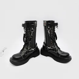 Boots British Style Mid Calf Botas Belt Buckle Knight Cross Tied Short Booties Side Zipper Women Casual Shoes