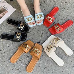 Sandals Open toe flat shoes womens slippers summer fashion chain design solid Colour outdoor personality 2021 punk sandals womens shoesL2403