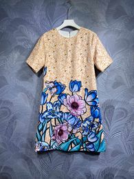 2024 New French Fashion Print Heavy Industry Nail Bead Small Form Design Short sleeved Dress