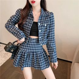 Work Dresses 2024Autumn Vintage Houndstooth Denim Two Piece Sets Women Long Sleeve Lapel Cropped Coat Mini Pleated Skirt Streetwear Suits