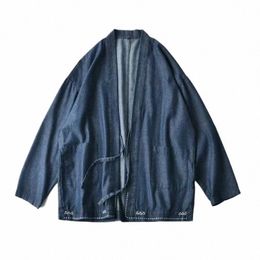 bottom White Stitching Men Denim Kimo Jacket Stand Collar Japan Style Open Placket Cott Haori Lg Sleeves M1EY#