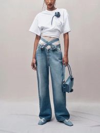 Women's Jeans Spring And Summer Cross Hollow Wide Leg Pants Straight Cotton Jeans2024 High-waisted To Lift The Buttocks Woman Trousers