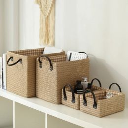 Baskets Ins Simple Woven Storage Basket with Handles Desktop Sundries Baskets Household Dirty Laundry Basket Books Cosmetic Organizer