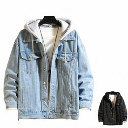 spring Autumn Loose Men Hooded Casual Jean Jackets Streetwear Solid Color Turn Down Collar Denim Jacket Coats Hat Detachable t9to#
