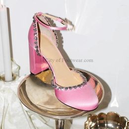 Sandals Pink Stain Glitter Heart Women Blue Ankle Strap Round Toe High Heels Chunky Heel Luxury Designer 2024 Party Shoes