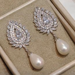 Dangle Earrings UILZ Temperament Shiny Micro-inlaid Cubic Zirconia Pearl Drop Luxury Leaf Engagement Party Jewelry For Women
