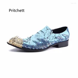 Dress Shoes Gold Metal Pointed Toe Men's Fashion Business Formal Blue Print Genuine Leather Slip On Wedding Party