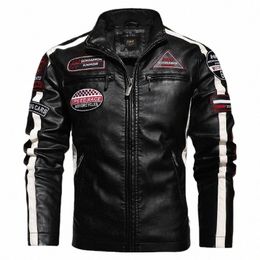 autumn Winter Fleece Men's Motorcycle Leather Jacket Embroidery Racing Coat Windbreaker Outwear Faux Leather Biker Jacket V43d#