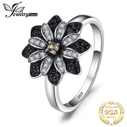 JewelryPalace Flower Genuine Smoky Quartz Black Spinel 925 Sterling Silver Cocktail Ring for Women Fine Jewellery Anniversary Gift 240327