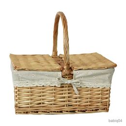 Storage Baskets Rattan Lace Decor Large Capacity er Woven Basket Fruit Egg Food Basket With Handle Lid Camping Accessories