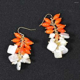 Dangle Earrings Natural White Cultured Keshi Pearl Orange Rice Coral Hook For Women