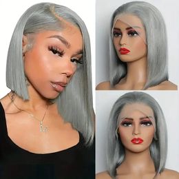 Grey Colour Short Straight Lace Bob Wig 180% Density 13x4 Transparent Lace Frontal Wig Brazilian Hd Lace Lace Bob Wig