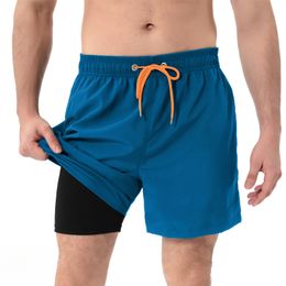 European and American men's swimming trunks zipper pocket 2-in-1 beach pants men's anti-embarrassment quick-drying and water-repellent lined shorts