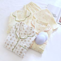 Primavera e verão feminino estilo fino sutiã livre pijamas, puro algodão dupla camada crepe algodão roupas para casa, lapela conjunto de manga comprida