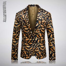 VAGUELETTE Butterfly Pattern Mens Fashion Blazer Elegant Yellow Stage Suit Jacket Luxury Wedding Jacket Blazer Hombre Slim Fit 240312