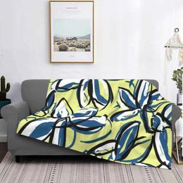 Blankets Navy And White Leaves On Citron Blanket Soft Warm Travel Portable Floral Modern