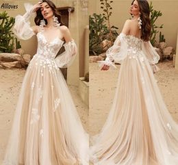 Bohemian Champagne Tulle A Line Wedding Dresses With Removable Long Sleeves Floral Lace Appliqued Bridal Gowns Sexy Sweetheart Bride Vestidos De Novia