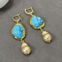 Dangle Earrings GG Jewellery Blue Turquoise Freeform Shape Gold Plated Brushed Bead Hook Handmade For Women Party Gifts