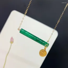 Chains Classic Natural Hetian Green Chalcedony Long Necklace Fu Round Card Pendant Vintage Elegant Ladies Wedding Party Silver Jewellery