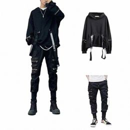 men's Sets Black Hoodies+Pants Punk Graphic Zipper Hooded Sweatshirts Cargo Pant Men Oversized Loose Streetwear Suits q7JL#