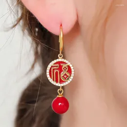 Dangle Earrings Chinese Style Red Enamel Earings Classic Vintage Fuzi Embedding Diamond Simple Round For Women Wedding Jewellery