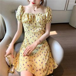 Party Dresses Yellow Floral Print Dress Boho Puff Sleeve Square Neck Women Vintage Summer Beach 2024 Korean Vestidos Robe Femme Ete