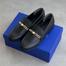 Niche SW Chain Water Diamond Calf Loafers for Women's Commuting Flat Bottomed Round Toe Single Shoe Small Leather Shoes
