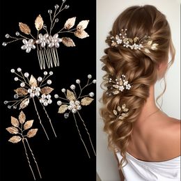 Fiore di perla Forcina Pettine laterale Diademi in lega a forma di foglia dorata Inserto per sposa da sposa Fermagli per capelli Gioielli per capelli Copricapo da sposa