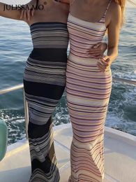 Casual Dresses Elegant Summer Print Striped Slip Off Shoulder Maxi Dress For Women's Backless Beach Holiday Slim Party Female