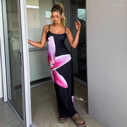 Casual Dresses Spaghetti Strap Floral Slip Dress Summer Printed Maxi Backless Bodycon Slim Boho Long Sundress