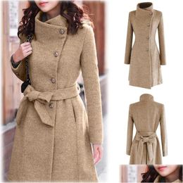 Women'S Wool & Blends Womens Winter Lapel Coat Trench Jacket Long Sleeve Overcoat Outwear Abrigos Mujer Invierno Camel Plus Size Drop Dhrp9