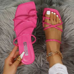 Slippers Slippers Summer Flat Fasion Sandals Women Candy Colour Strap Cross Slipper Ladies Girl Square Toe Flip-flop H240327