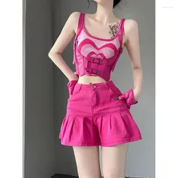 Work Dresses Summer Sexy Women Pink Sets Japanese Sweet Tank Top And High Waist Skirts Two Pieces Set Streetwear Suits
