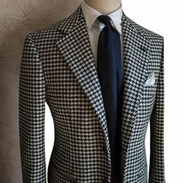 houndstooth Busin Blazer for Men 2023 Plaid Notched Lapel Suit Jacket Formal Male Fi Coat e3sq#