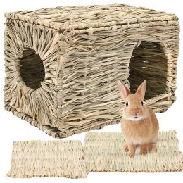 Cages Foldable Woven Rabbit Cages Pets Hamster Guinea Pig Bunny Grass Chew Toy Mat House Bed Nests for Small Animal Rabbit Accessories