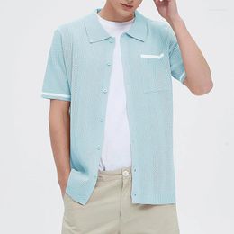 Men's Casual Shirts Spring Summer Fashion Knitted Men Shirt Short-sleeved Button Turn-down Collar Knitwear Mens Beach Hollow Out