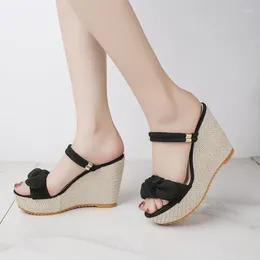 Slippers Casual Low Female Shoes Platform Slides On A Wedge Women Heels Luxury 2024 Summer Soft High Fabric Fashion PU Rome Basi