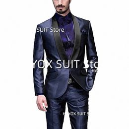 men's Suits 2 Piece Slim Fit Black Shawl Collar One Butt Jacket Pants Busin Formal Wedding Groom Prom Tuxedo K0XZ#