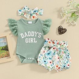 Clothing Sets Suefunskry Baby Girl Summer Outfits Letter Print Lace Sleeve Romper Elastic Waist Floral Belt Shorts Headband 3Pcs Set